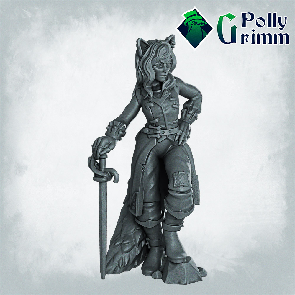 Fantasy and historic miniatures for tabletop games. Lupin set. Three form, half-beast. Pirate, lady-thief, trickster with a rapier